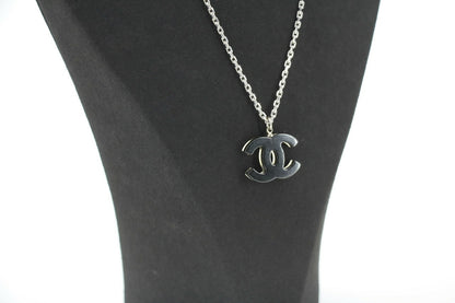 Chanel Vintage 05P Acrylic Transparent Rhinestone Black CC Double-Sided Necklace