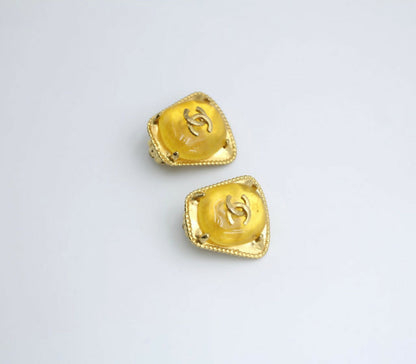 Chanel Vintage 97A Gripoix Yellow Square Candy Clip-on Earrings