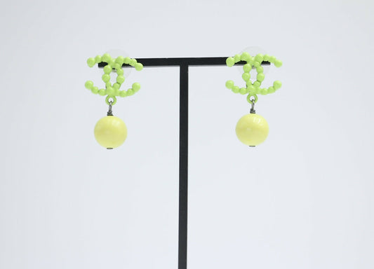 Chanel Vintage 04A Resin Fluorescent Green and Yellow Dangle Stud Earrings