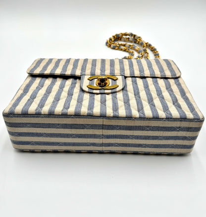 Chanel Vintage 1990s Jumbo Blue and White Striped Linen and Cotton Classic Flap Bag
