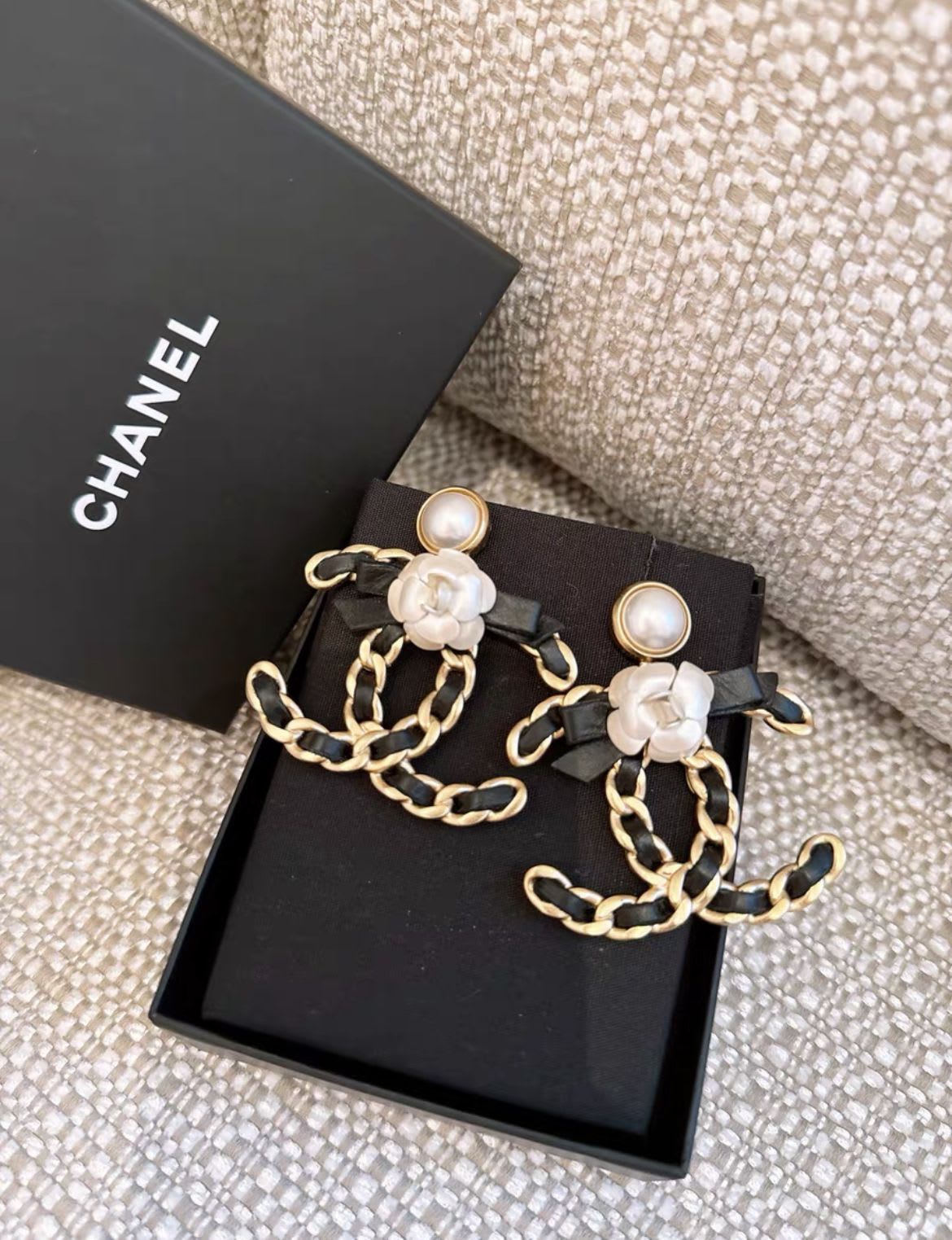 Chanel Black Bow With Camellia Round Earrings