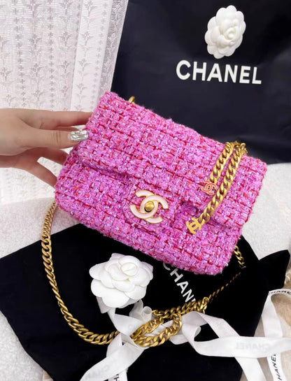 CHANEL 22P SQUARE FLAP BAG TWEED PINK WITH PINK HARDWARE