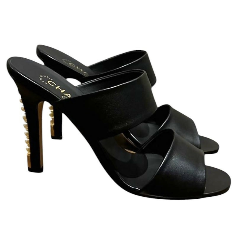 Chanel 17A Black Lambskin Leather Pearl Heel Sandal Mules EU 38.5C