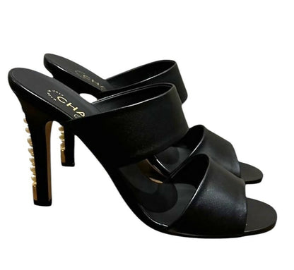 Chanel 17A Black Lambskin Leather Pearl Heel Sandal Mules EU 38.5C