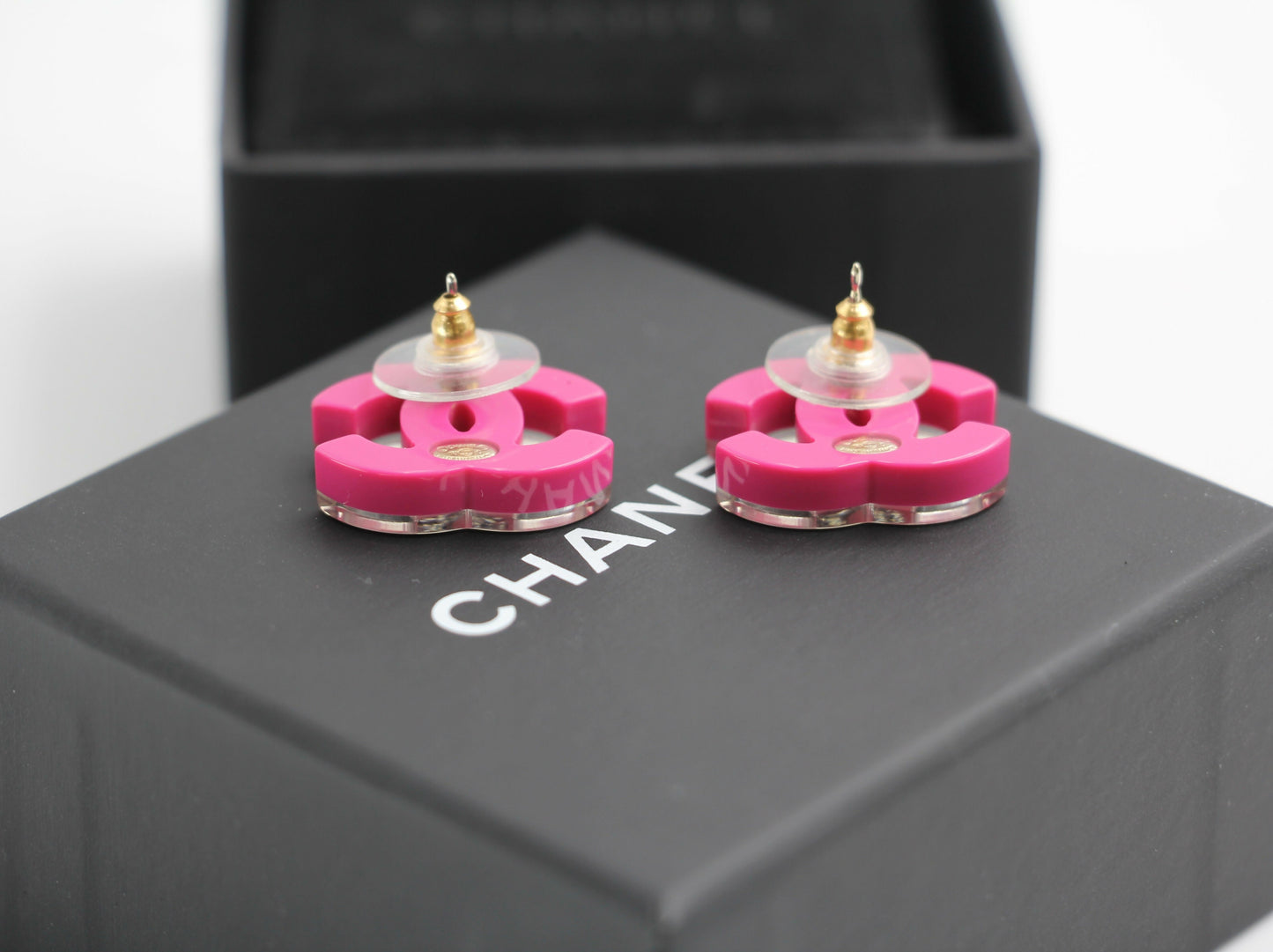 Chanel 2018 Resin Silver Glitter Pink Stud Earrings