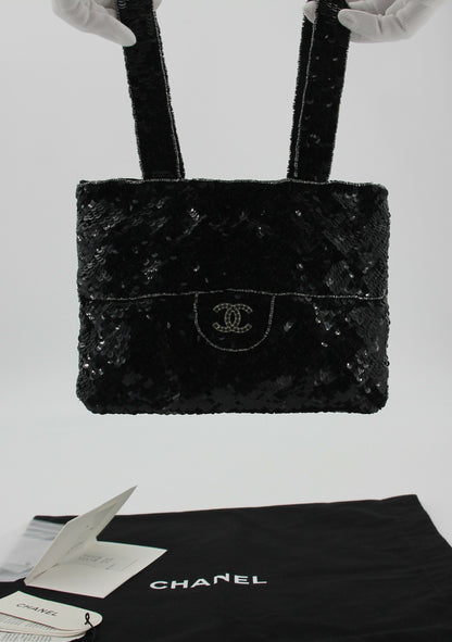 Chanel Coco Mark Metallic Black Sequin Tote Bag