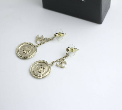 Chanel B15V Metal Silver Four-Leaf and Clover Coin Stud Earrings