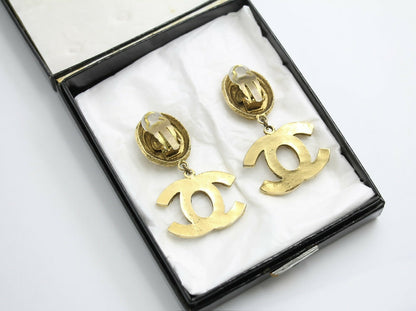 Chanel Vintage 71-80s Rhinestone & Gold-plated Round Relief Dangle Clip-on Earrings