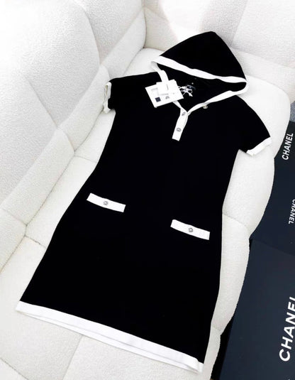 Chanel 24C black and white knitted hoodie dress