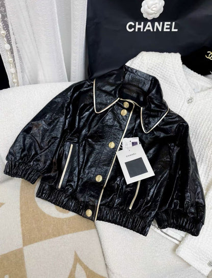 Chanel 22SS black gold two-pocket leather jacket
