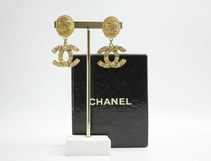Chanel Vintage 71-80s Rhinestone & Gold-plated Round Relief Dangle Clip-on Earrings