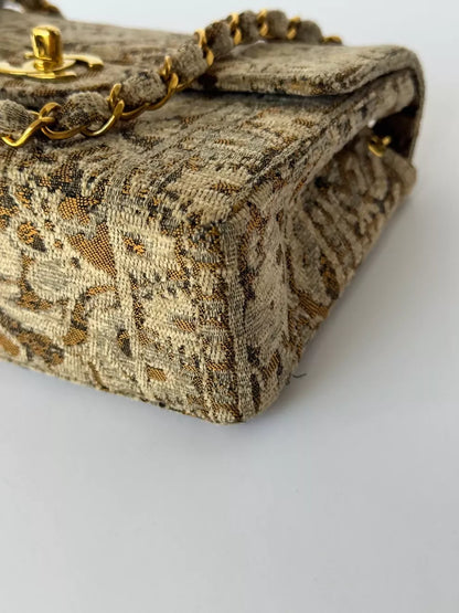 Chanel Vintage 1991 Bronze Metallic Brocade Mini Square Flap Bag