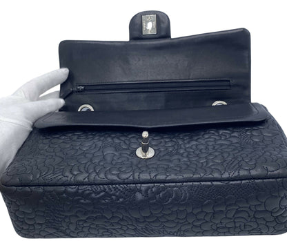 Chanel Black Camellia Embossed Lambskin Classic Timeless Medium Double Flap Bag SHW
