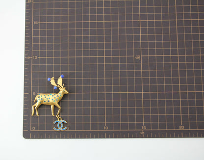 Chanel Vintage 01A Rhinestone Blue Golden Green Reindeer Brooch