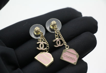 Chanel Vintage 01 Enamel Pink Purse Rue Cambon CC Dangle Stud Earrings