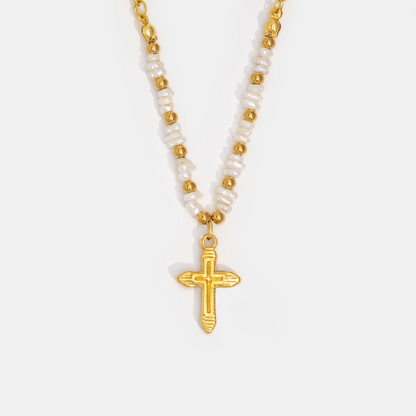 Tamara Gold Bead & Pearl Cross Necklace