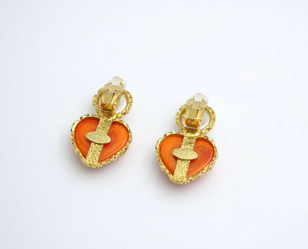 Chanel Vintage 1991 Gripoix Orange Heart Imitation Pearl Clip-on Earrings