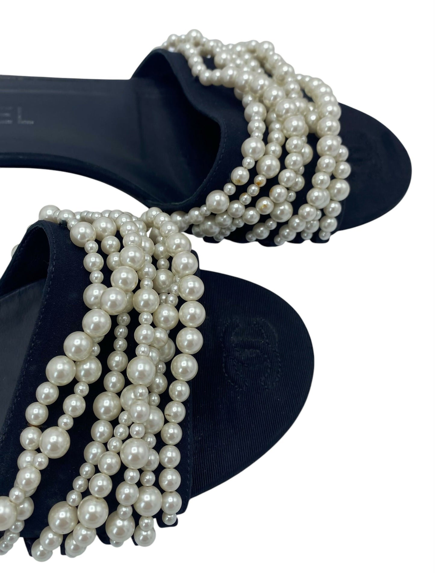 Chanel Classic Black White Pearl Slides Flats Sandals EU 39