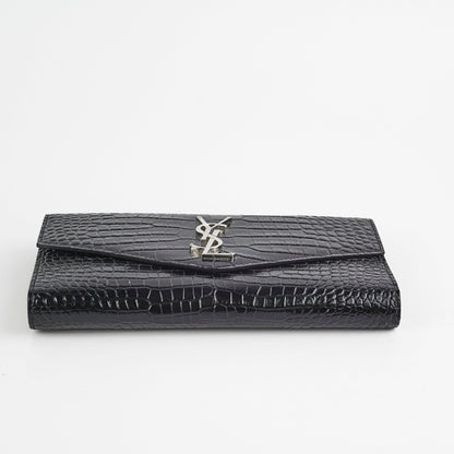 Saint Laurent Croc Embossed Wallet Clutch Black