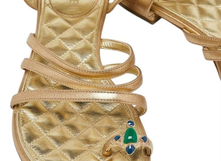 Chanel 15P Gold Metallic Jeweled Gladiator Sandal Flats EU 38.5