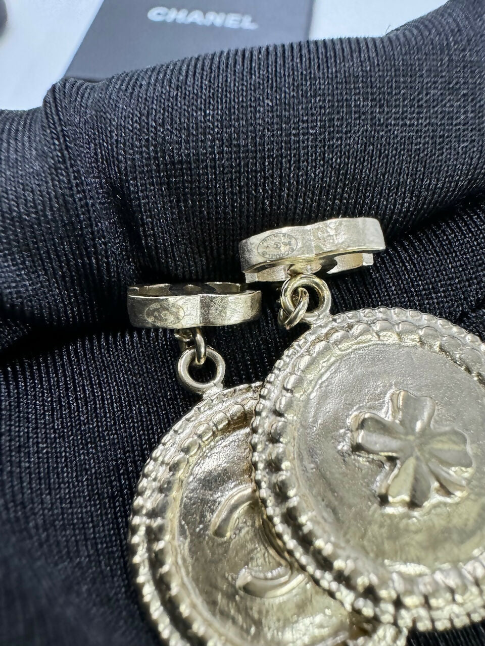 Chanel B15V Metal Silver Four-Leaf and Clover Coin Stud Earrings