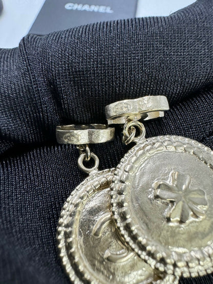 Chanel B15V Metal Silver Four-Leaf and Clover Coin Stud Earrings
