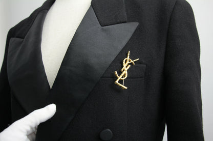 Saint Laurent Black Tuxedo Coat In Grain De Poudre + Saint Laurent YSL Logo Twisted Stripe Texture Brooch