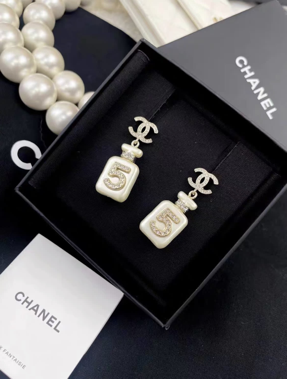 Chanel 22S No. 5 White Perfume Bottle Pendant Diamond Double C Earrings