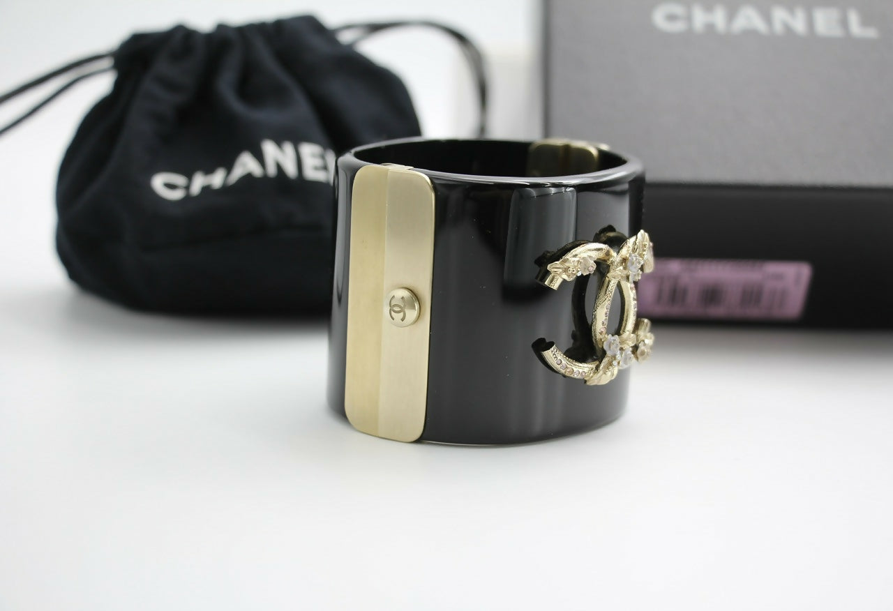 Chanel 13C Metal Resin Black Flower Bracelet Cuff