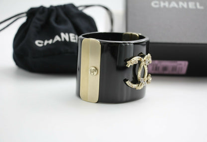 Chanel 13C Metal Resin Black Flower Bracelet Cuff