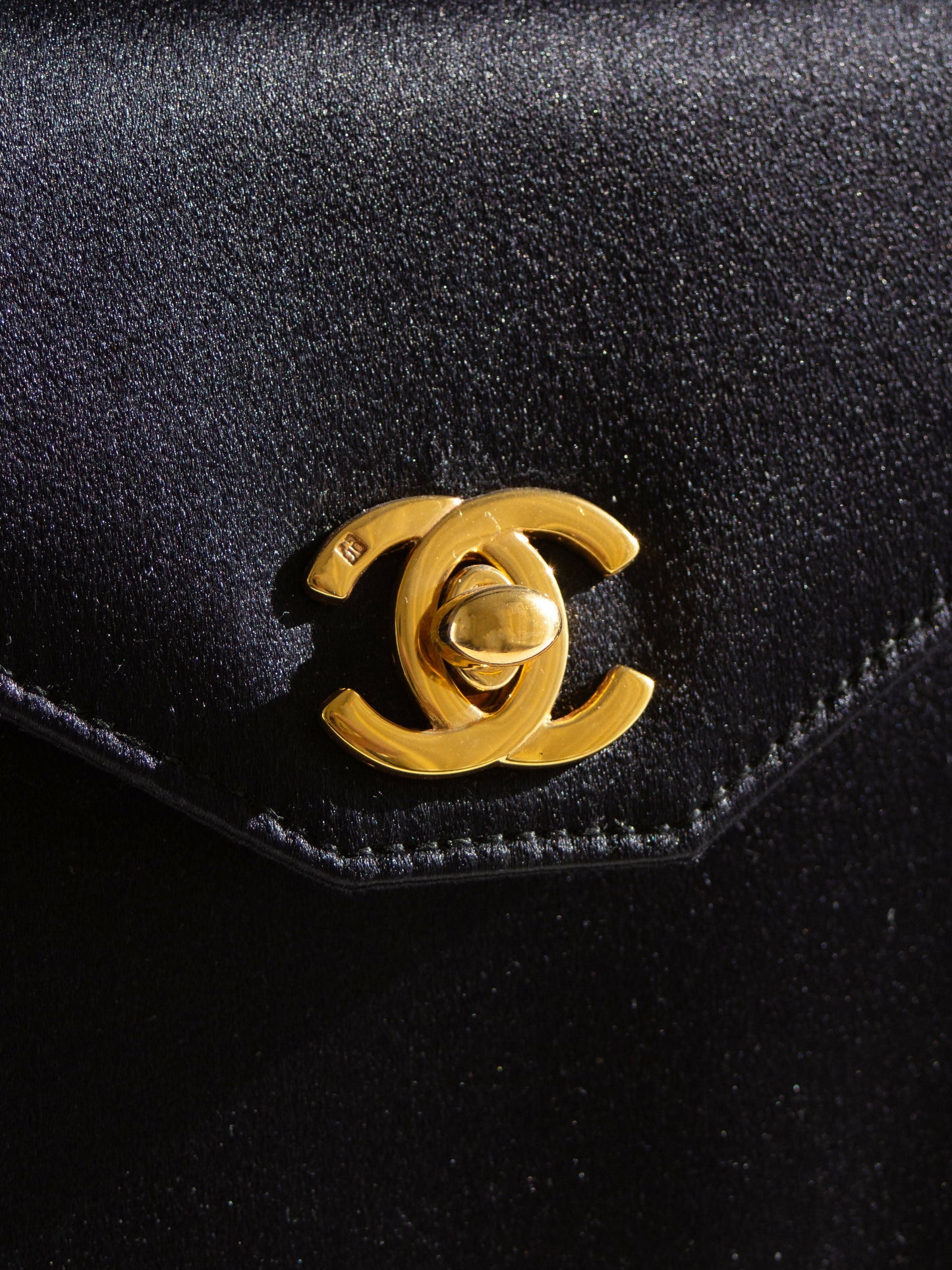 Chanel Vintage Kelly 1996 Black Satin 24K Gold Mini Evening Bag