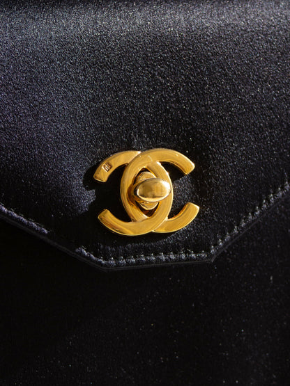 Chanel Vintage Kelly 1996 Black Satin 24K Gold Mini Evening Bag