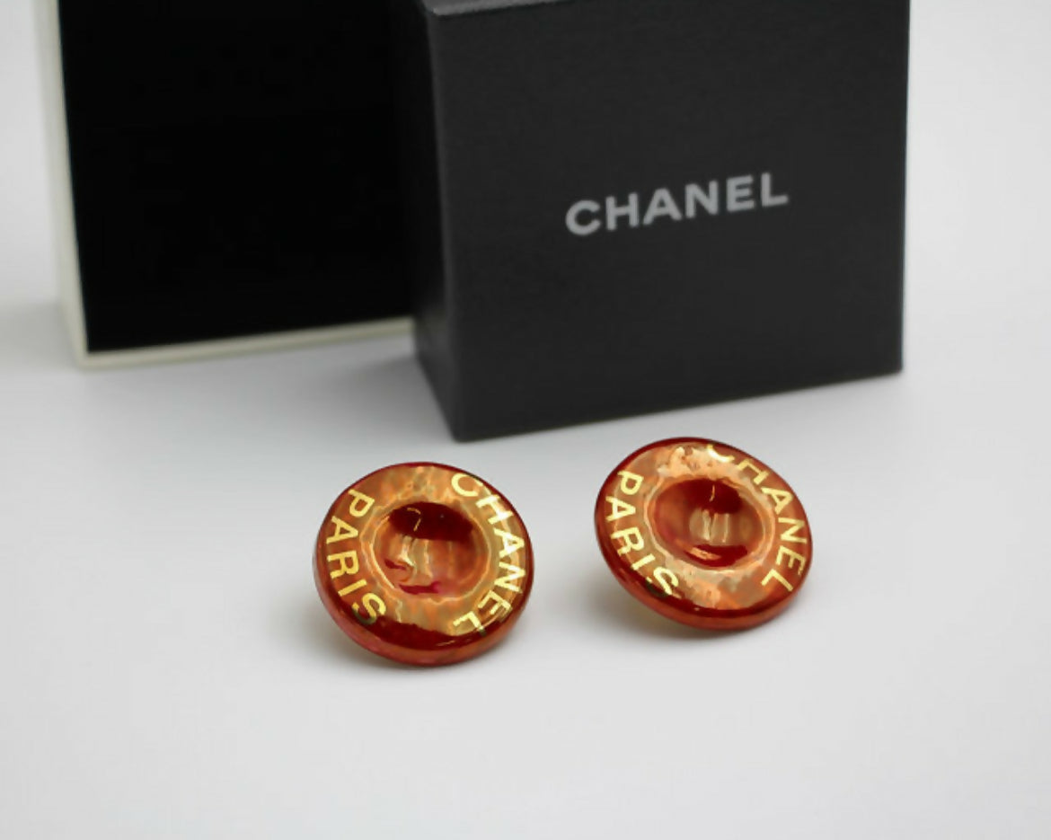 Chanel Vintage 97P Resin Big Red ‘CHANEL’ Round Gold-plated Clip-on Earrings