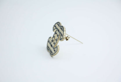 Chanel Vintage 06A Blue Rhinestone Beige Black Stripe Brooch