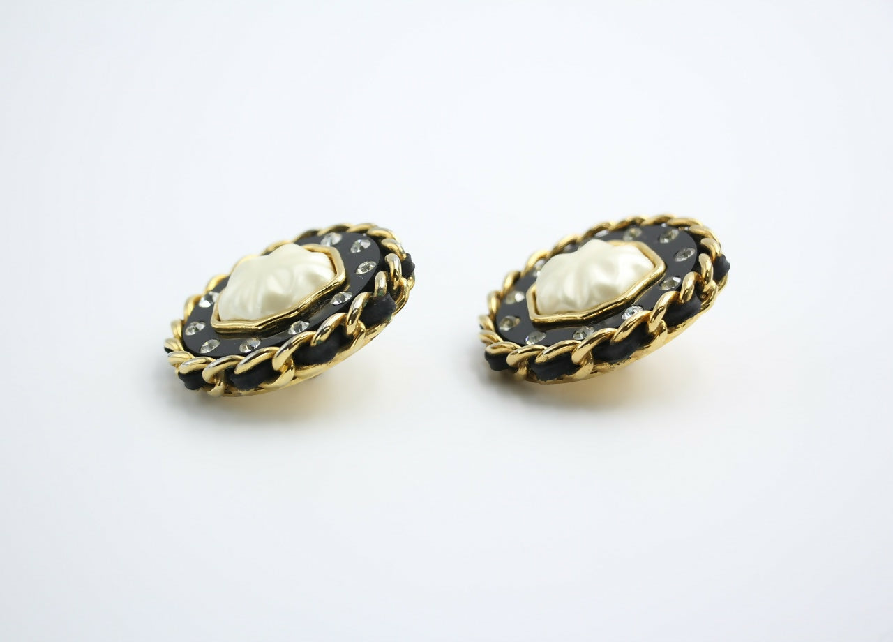 Chanel Vintage 1988 Leather Chain & Rhinestone Clip-on Round Earrings