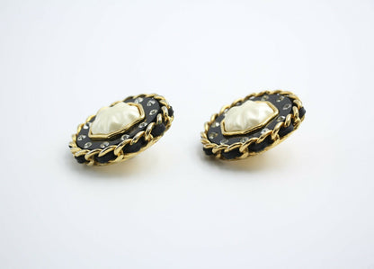 Chanel Vintage 1988 Leather Chain & Rhinestone Clip-on Round Earrings