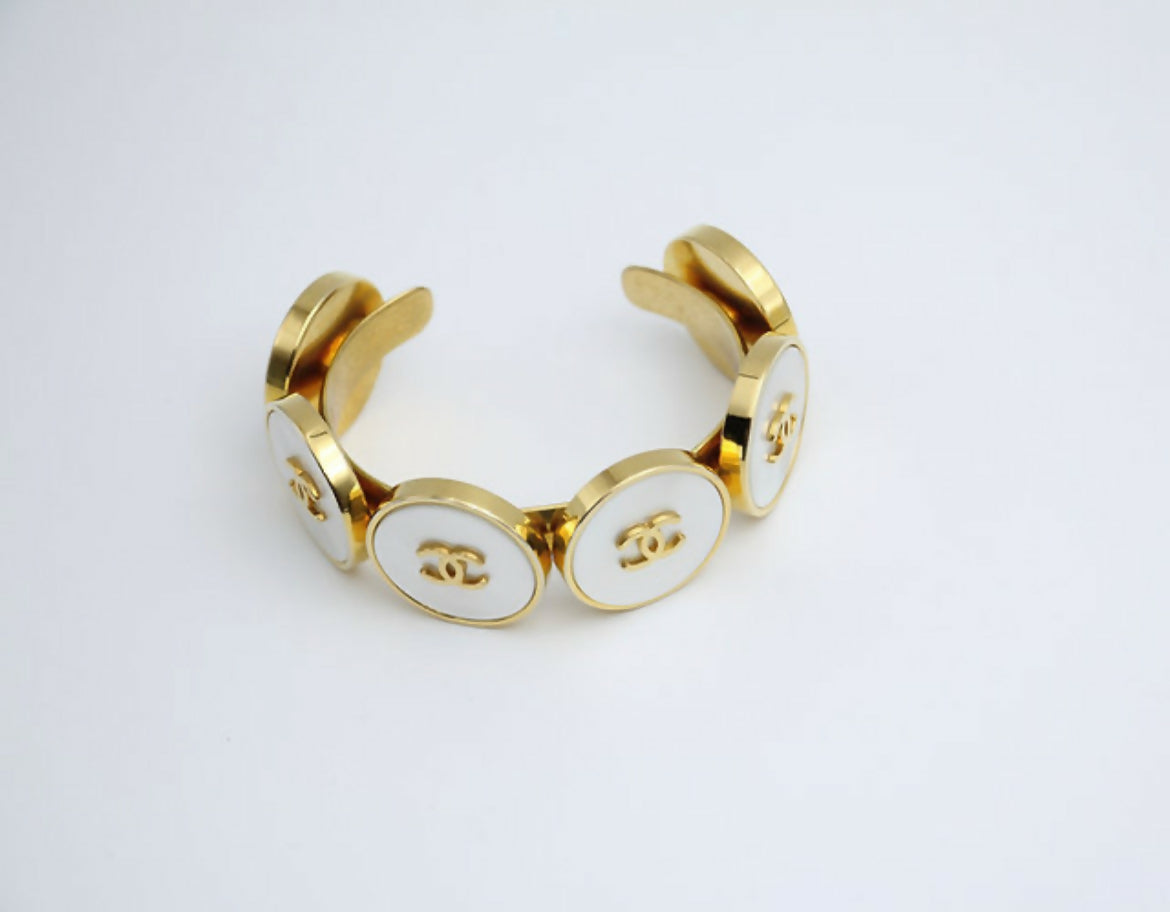 Chanel Vintage 95A Mother-of-Pearl Circle Shape Gold Plated Bracelet Cuff