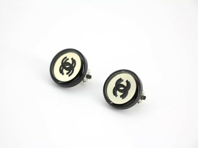 Chanel Vintage 01P Resin Black Hoop Mirror Clip-on Earrings