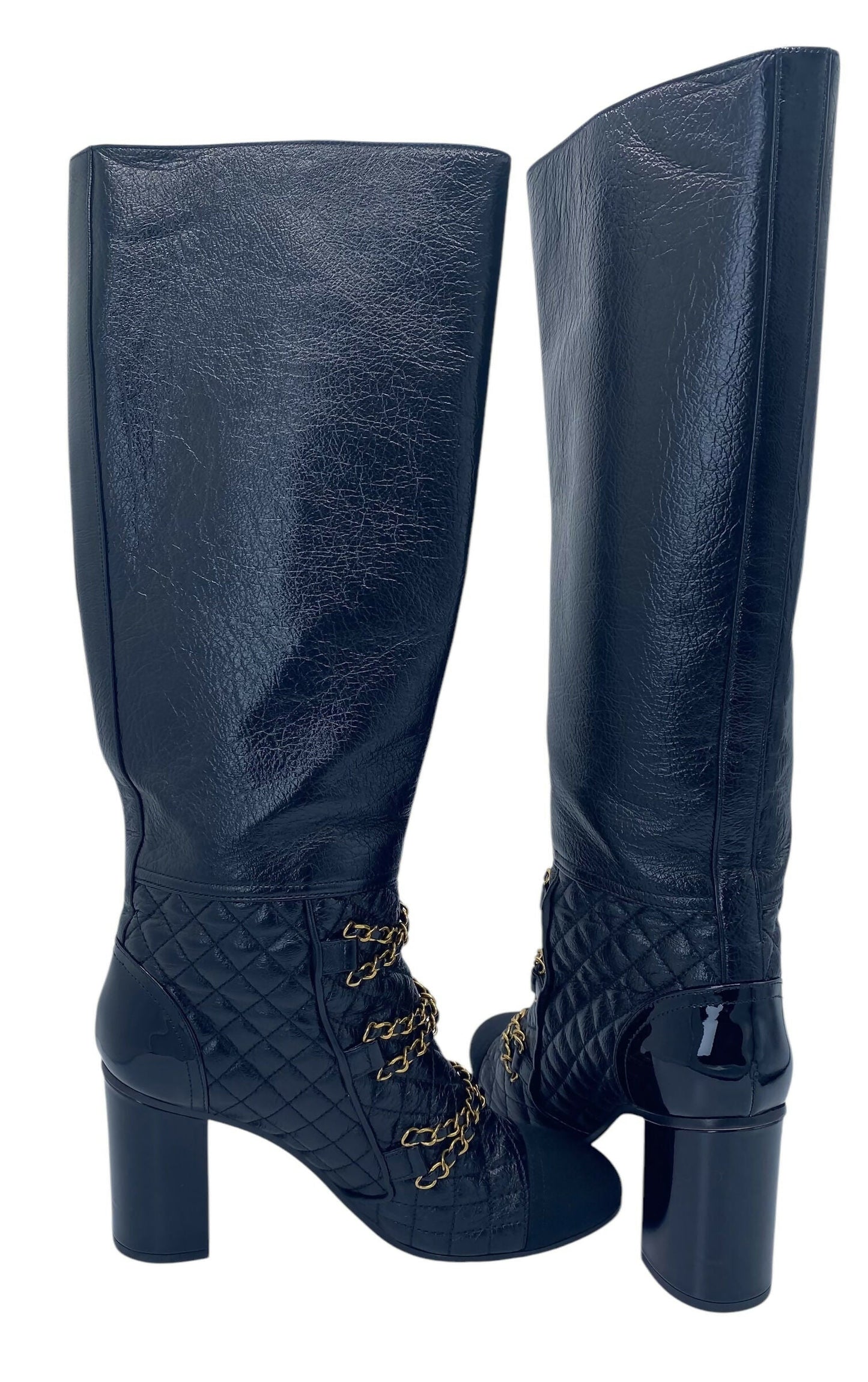 Chanel 2018 Black Gold Leather Quilted Chain High Heel Boots EU 39