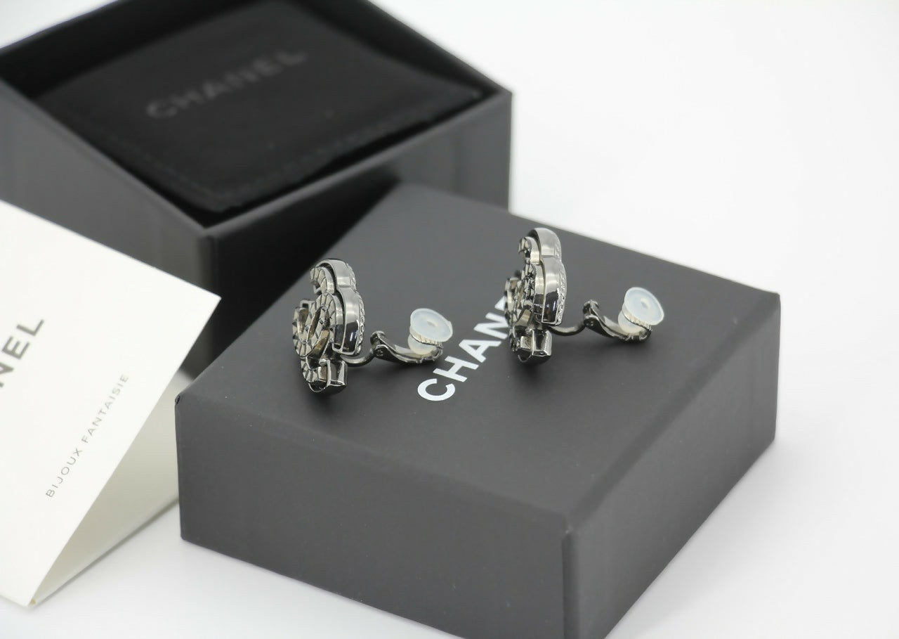 Chanel A24A Metal Black Silver Check CC Clip-on Earrings