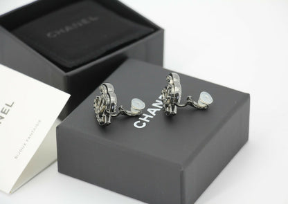 Chanel A24A Metal Black Silver Check CC Clip-on Earrings