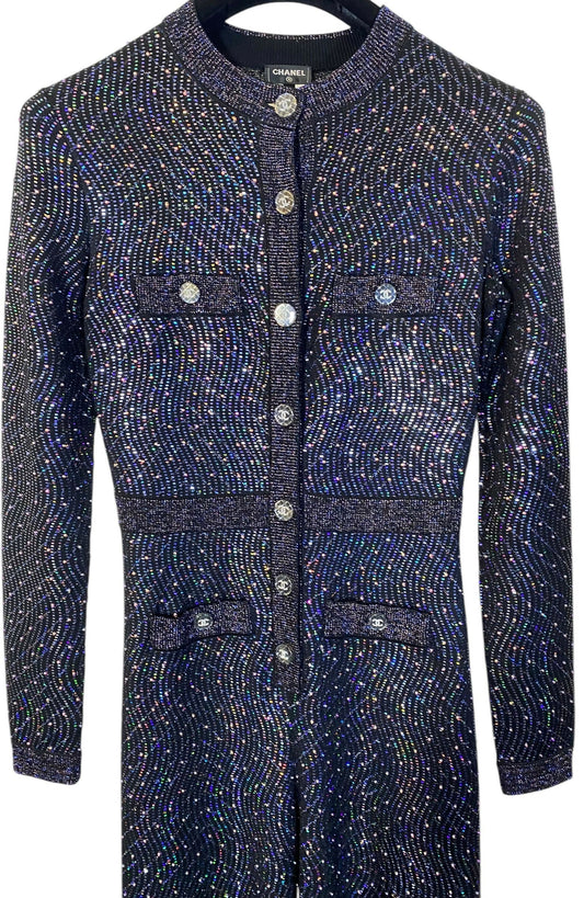 Stunning Chanel 21K Beaded Crystal Sequin Navy Black Iridescent Jumpsuit FR 36