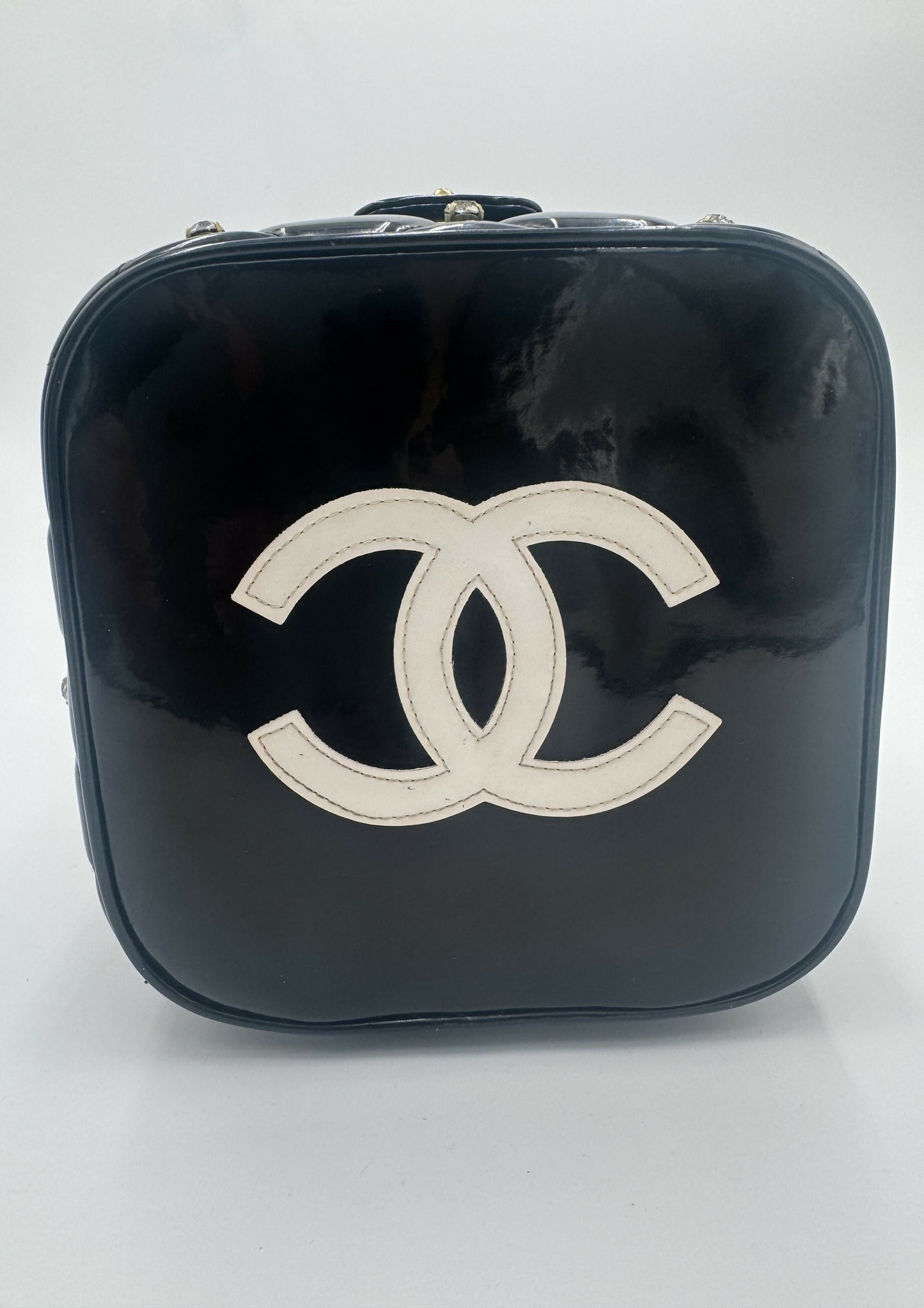 Chanel 1995 Vintage Barbie Black Rhinestone Heart-Mirror Vanity Case Bag