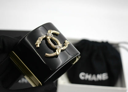 Chanel 13C Metal Resin Black Flower Bracelet Cuff