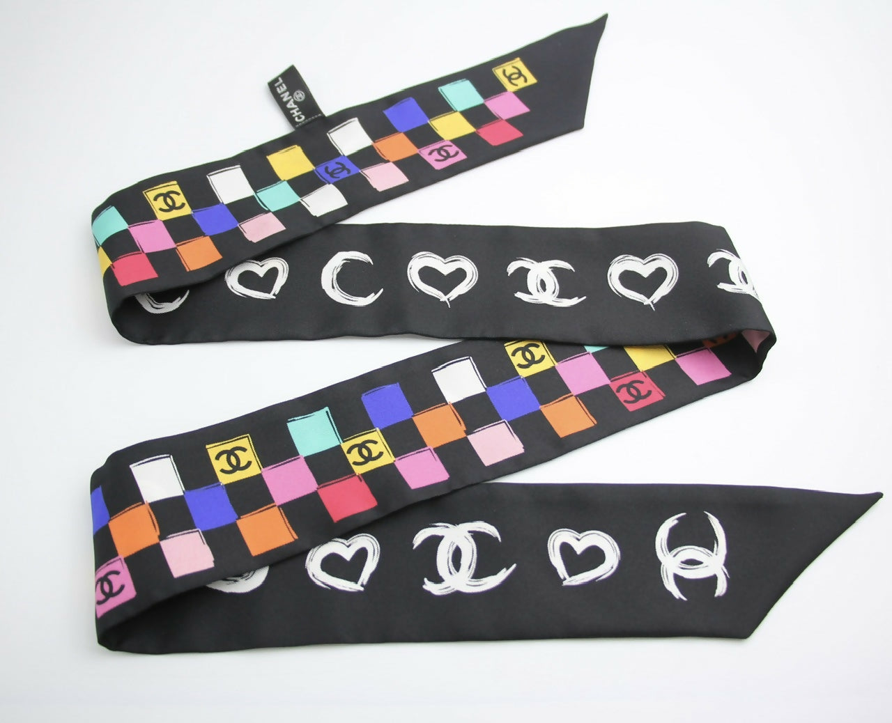 CHANEL 100% Silk Twilly Checkered Pattern CC Logo Scarf in Black and Multicolour