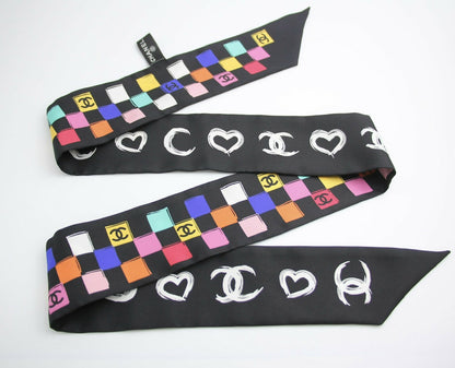CHANEL 100% Silk Twilly Checkered Pattern CC Logo Scarf in Black and Multicolour