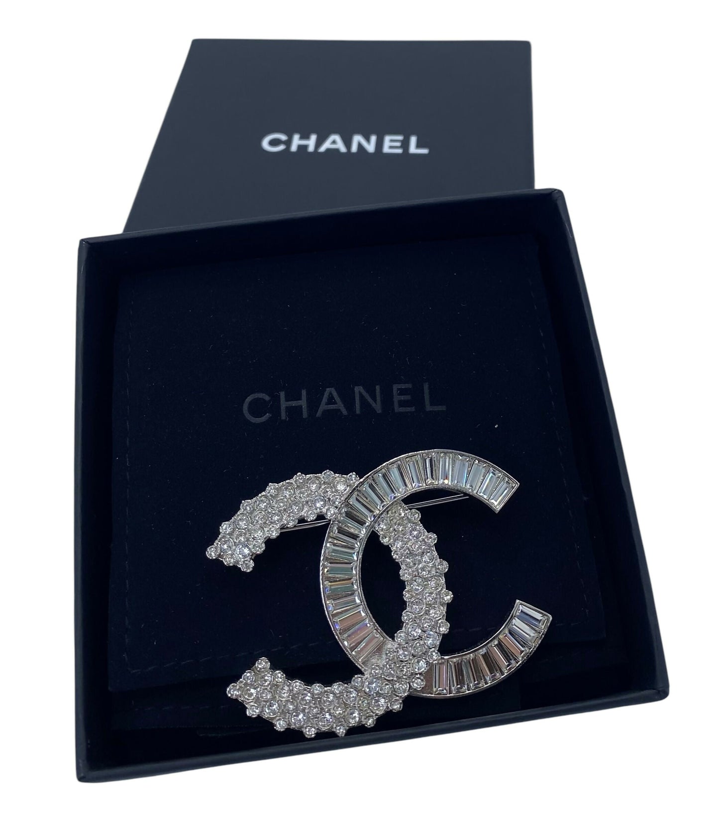 Chanel 2019 Large Silver Crystal Embellished CC Brooch