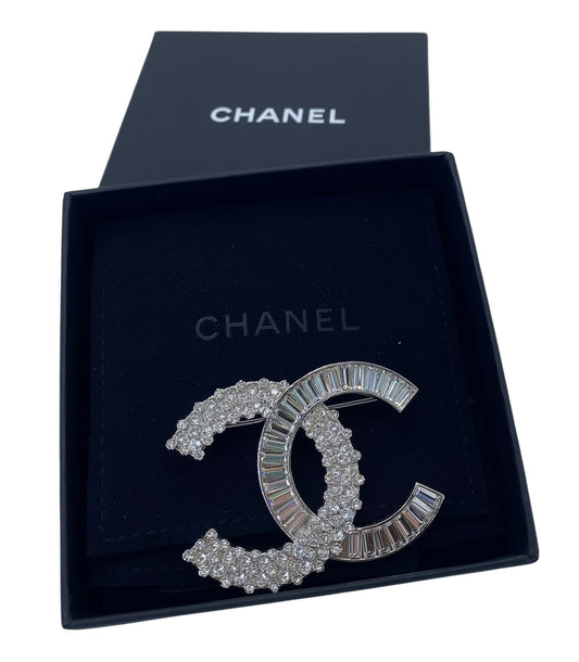 Chanel 2019 Large Silver Crystal Embellished CC Brooch