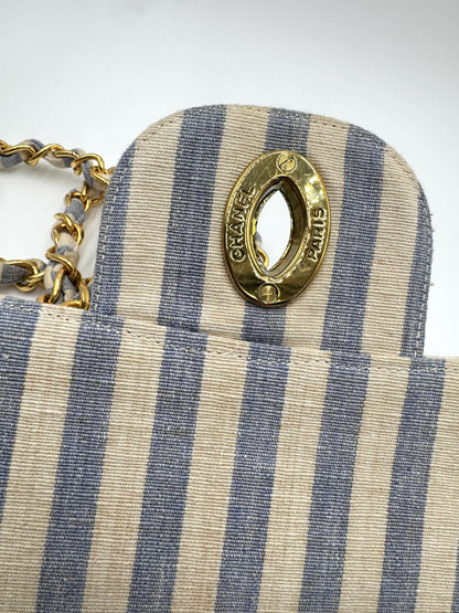 Chanel Vintage 1990s Jumbo Blue and White Striped Linen and Cotton Classic Flap Bag