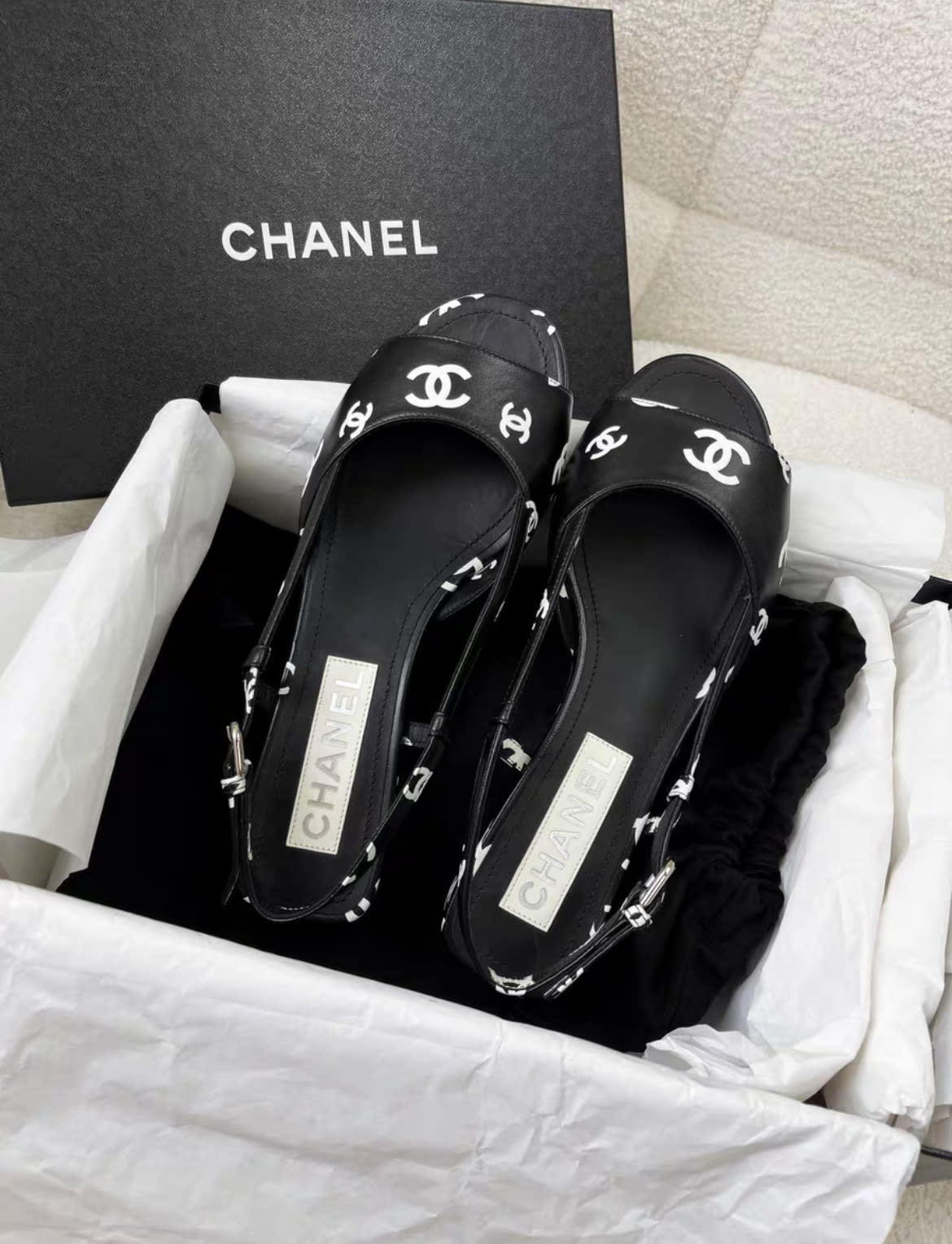 Chanel 22S  Black and White Double C Full Logo Slingback sandals